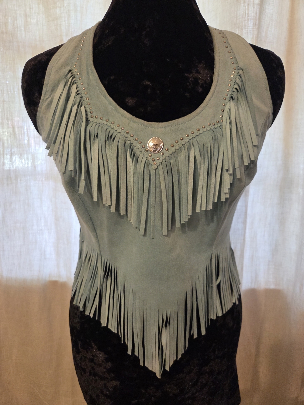 Women’s Seafoam Green Suede Fringe Halter Top with Stud Detail